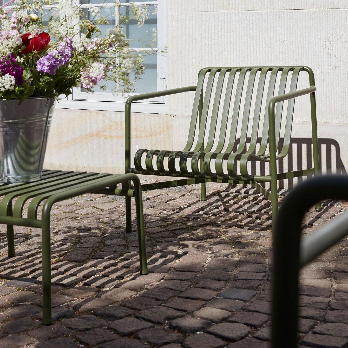 Palissade Ottoman/ Gartenbeistelltisch 2er Set Himmelgrau