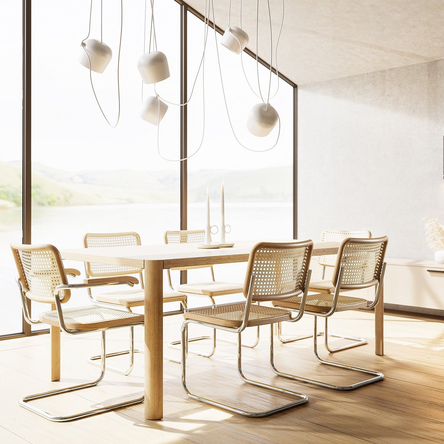 S 32 V Freischwinger Stuhl mit Rohrgeflecht 4er Set Weiß