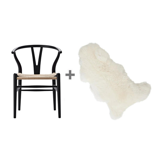 Aktionsset CH24 Wishbone Chair mit Fell Schwarz
